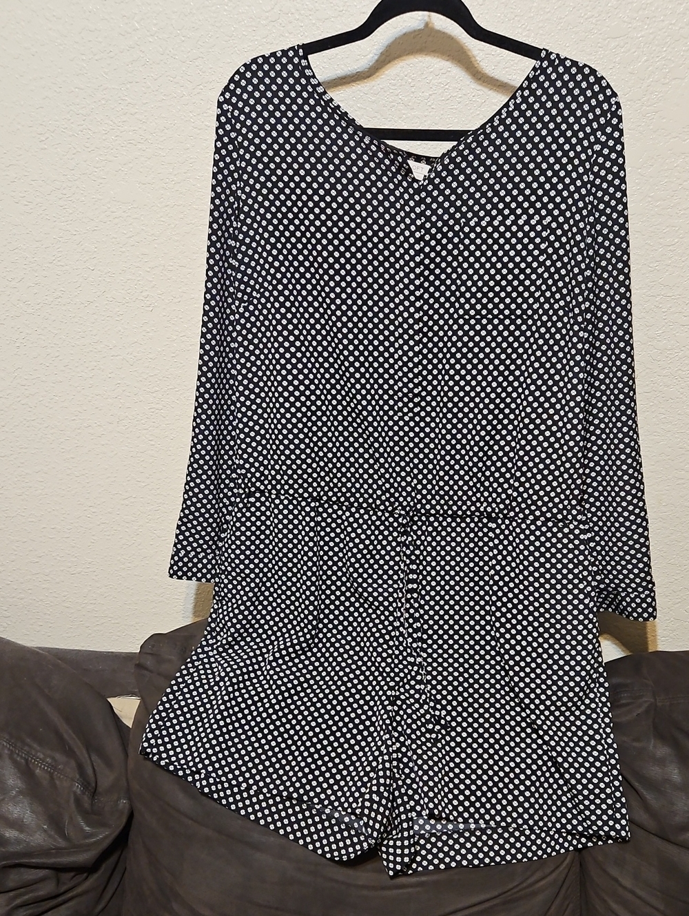 LOFT Black and White Polka Dot Long Sleeve Romper